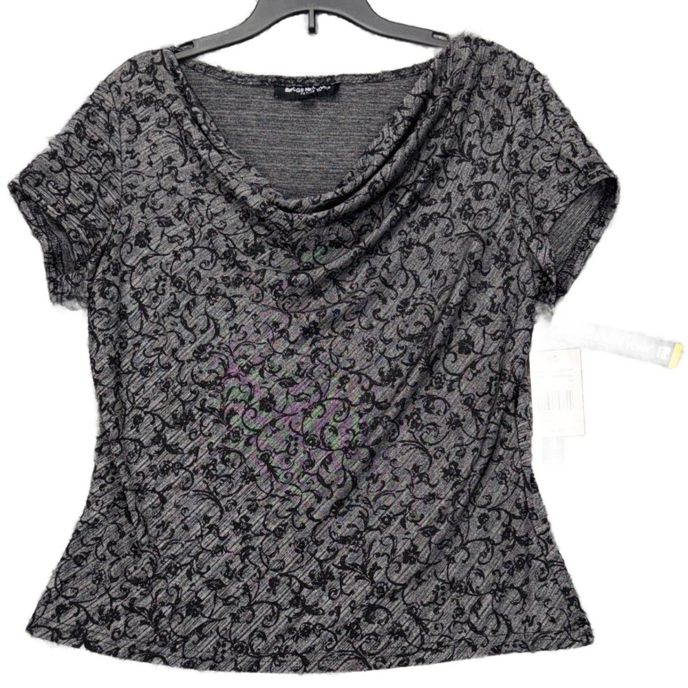 NEW Briggs New York Women's PM‎ Top Blouse Grey Floral Cowl Neck Short Sleeve